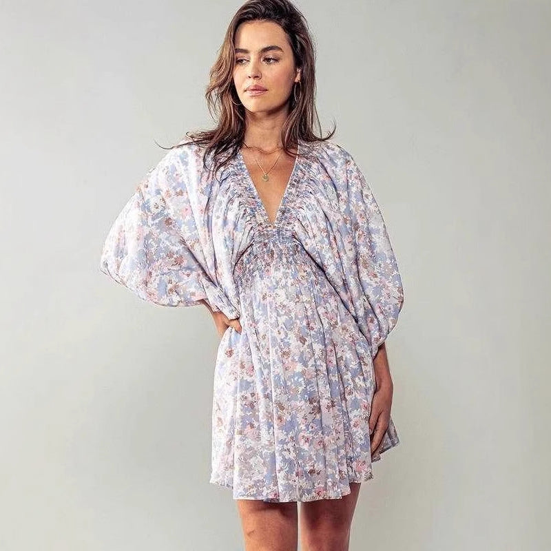 Women's Dress Mini – V-neck – A-line – Floral Print – Ruched Waist – Bell Sleeves
