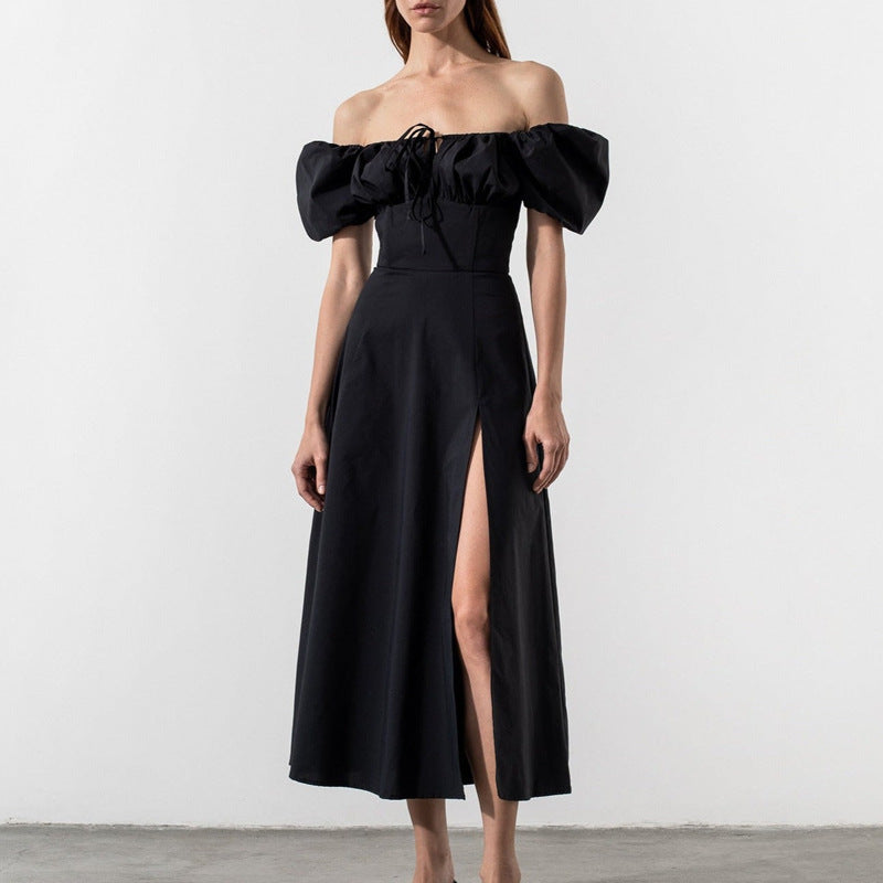 Kjole for dame – Off-Shoulder – Pufferm – Sløyfedetalj – Høyt splitt – Midi A-linje