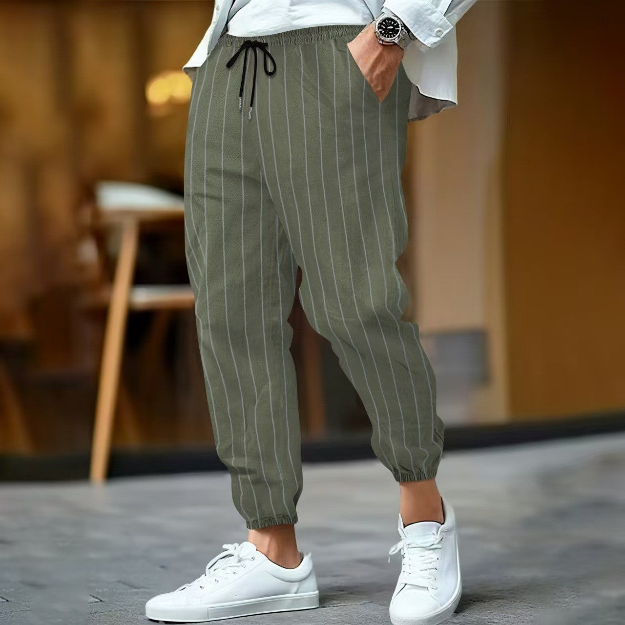 Men's Trousers – Relaxed Fit – Elastic Waistband with Drawstring – Tapered Legs – Cotton Blend