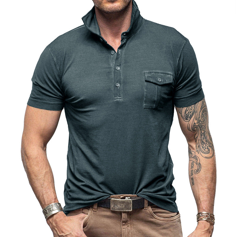 Men's Pique Shirt – Slim Fit – Short Sleeve – Breathable Cotton – Stand Collar – Chest Pocket