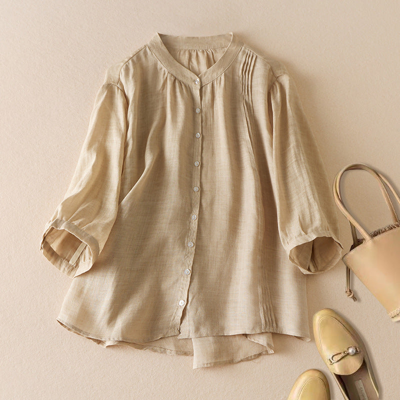 Women's Shirt with Half Sleeve – Relaxed Fit – Natural Fibers – Stand Collar – Pleat Detail