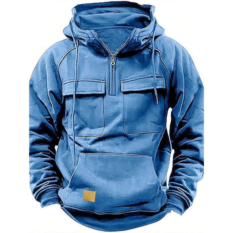 Men's Hoodie – Oversized Fit – Cotton Blend – Half Zip – Chest and Kangaroo Pockets