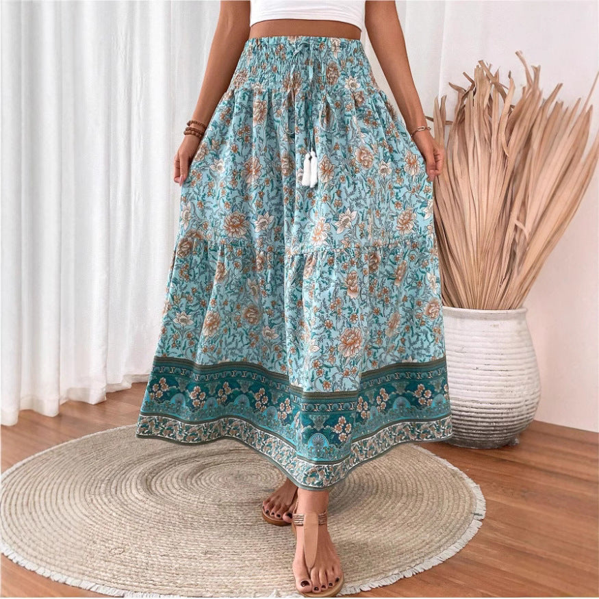 Women's Long Skirt – Bohemian Floral Print – Elastic Waist – Airy Cotton Blend