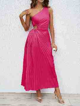 Dress for Women – Elegant Fit – One Shoulder – Ruched Waist – Pleated Maxi Length