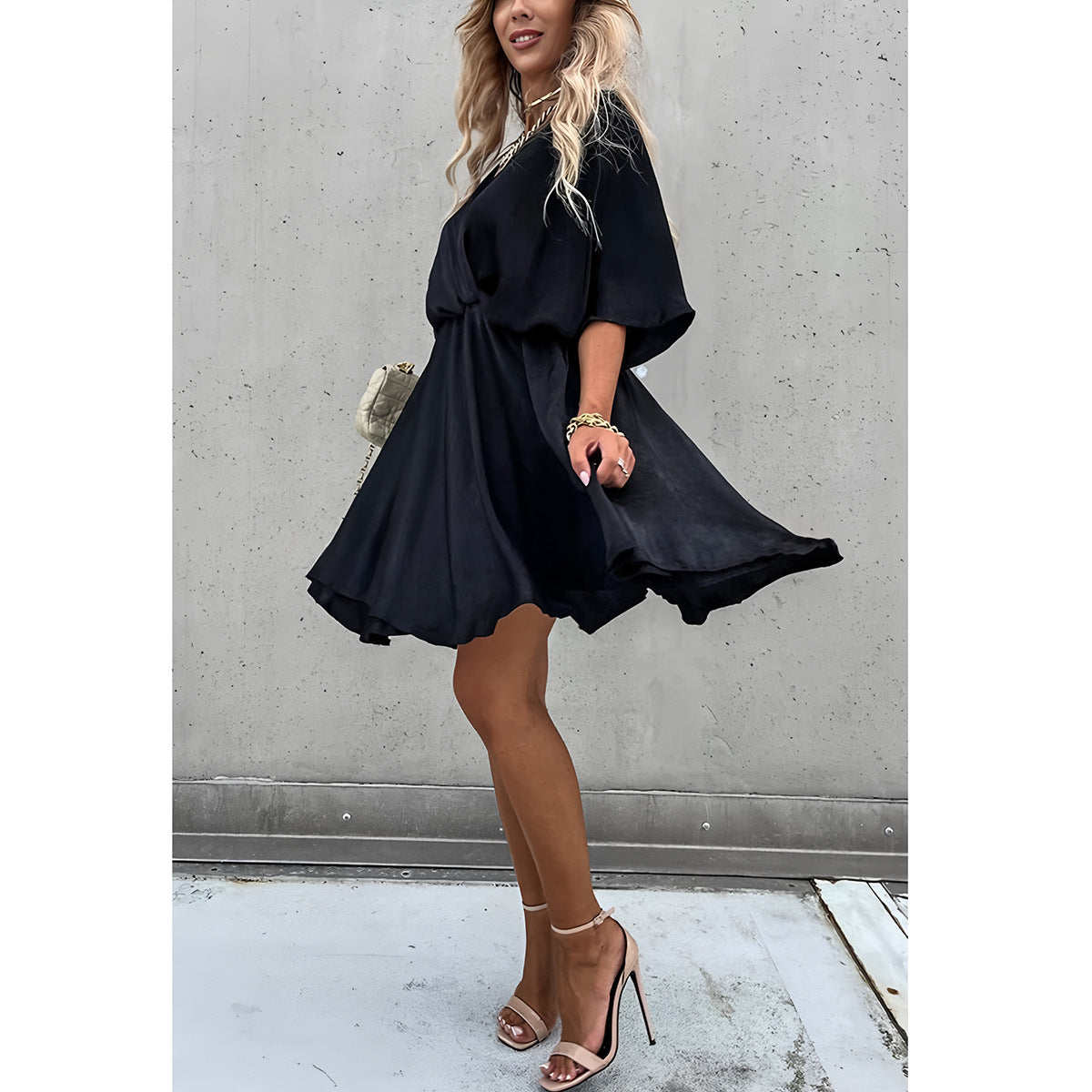 Dress for Women – Relaxed Fit – Batwing Sleeves – Asymmetric Midi Length – Elegant Draping