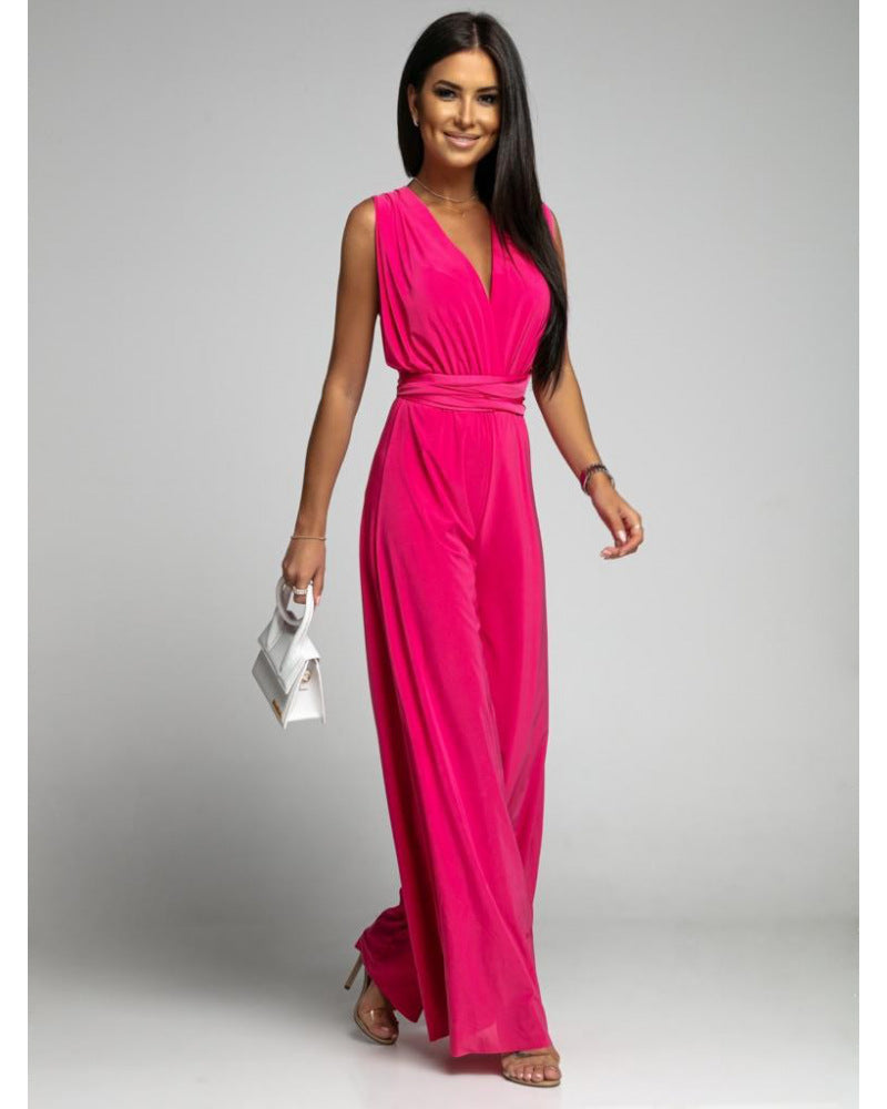 Women's Jumpsuit – Sleeveless – Wrap V-Neckline – Wide Legs – Comfortable Fit