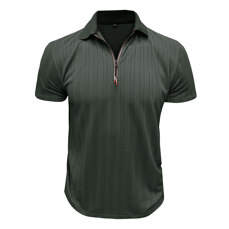 Men's Pique T-Shirt – Ribbed Knit – Zipper Neck – High Collar – Regular Fit