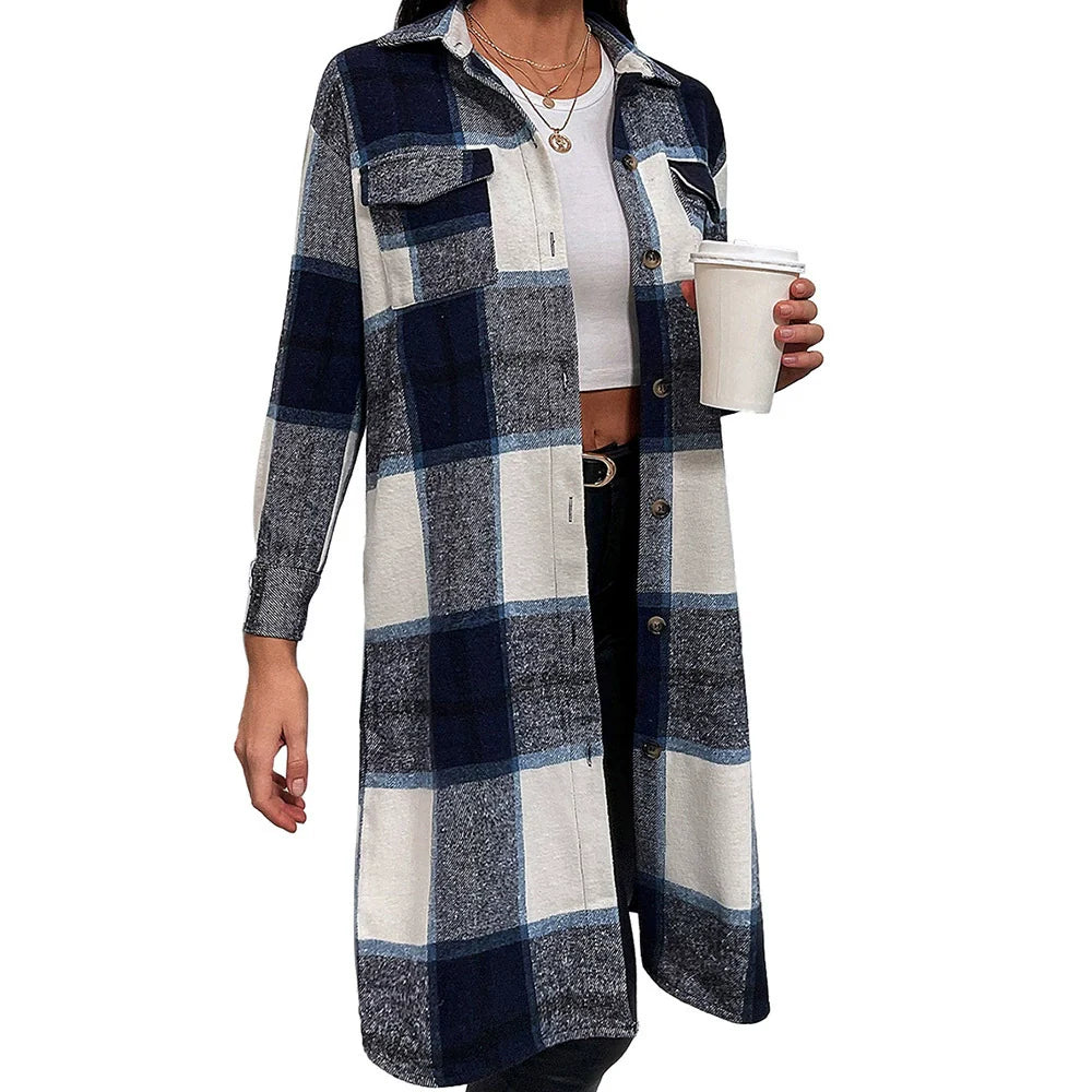 Women's Shirt Jacket – Oversized Fit – Check Pattern – Mid Length – Cotton Blend