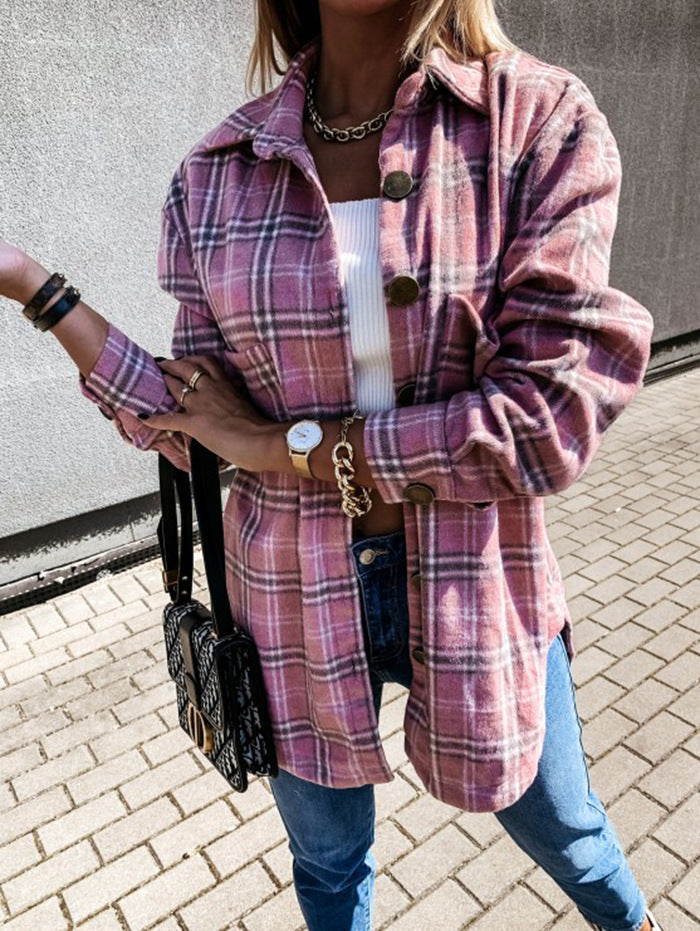 Women's Coat – Check Pattern – Oversized Fit – Wool Texture – Knee Length – Casual