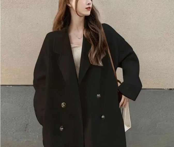 Women's Coat – Long Wool Blend – Classic Cut – Wide Lapels – Elegant Details