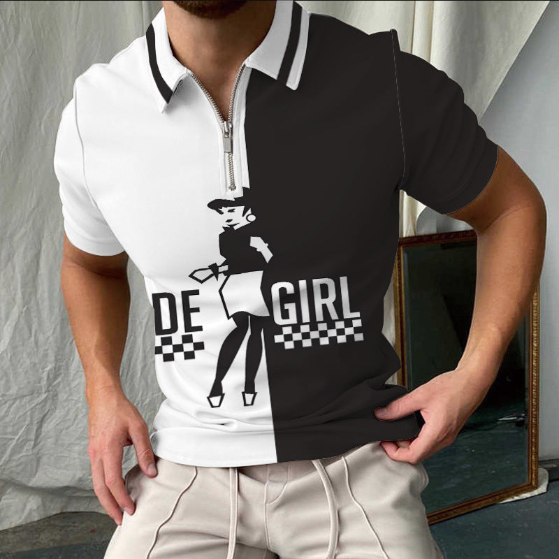 Men's Polo Shirt – Slim Fit – Check Pattern – Short Sleeve – Zipper Collar
