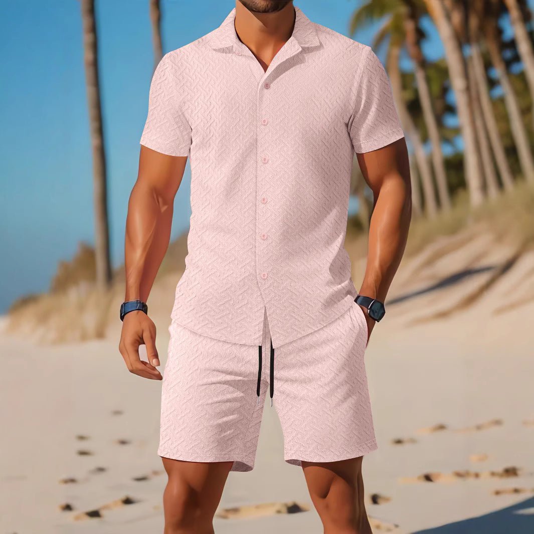 Men's Set Shirt and Shorts – Slim Fit – Lightweight Breathable Fabric – Embossed Texture