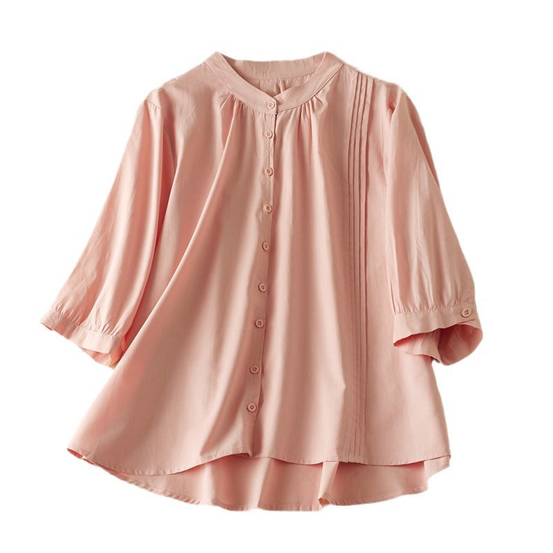 Women's Shirt with Half Sleeve – Relaxed Fit – Natural Fibers – Stand Collar – Pleat Detail