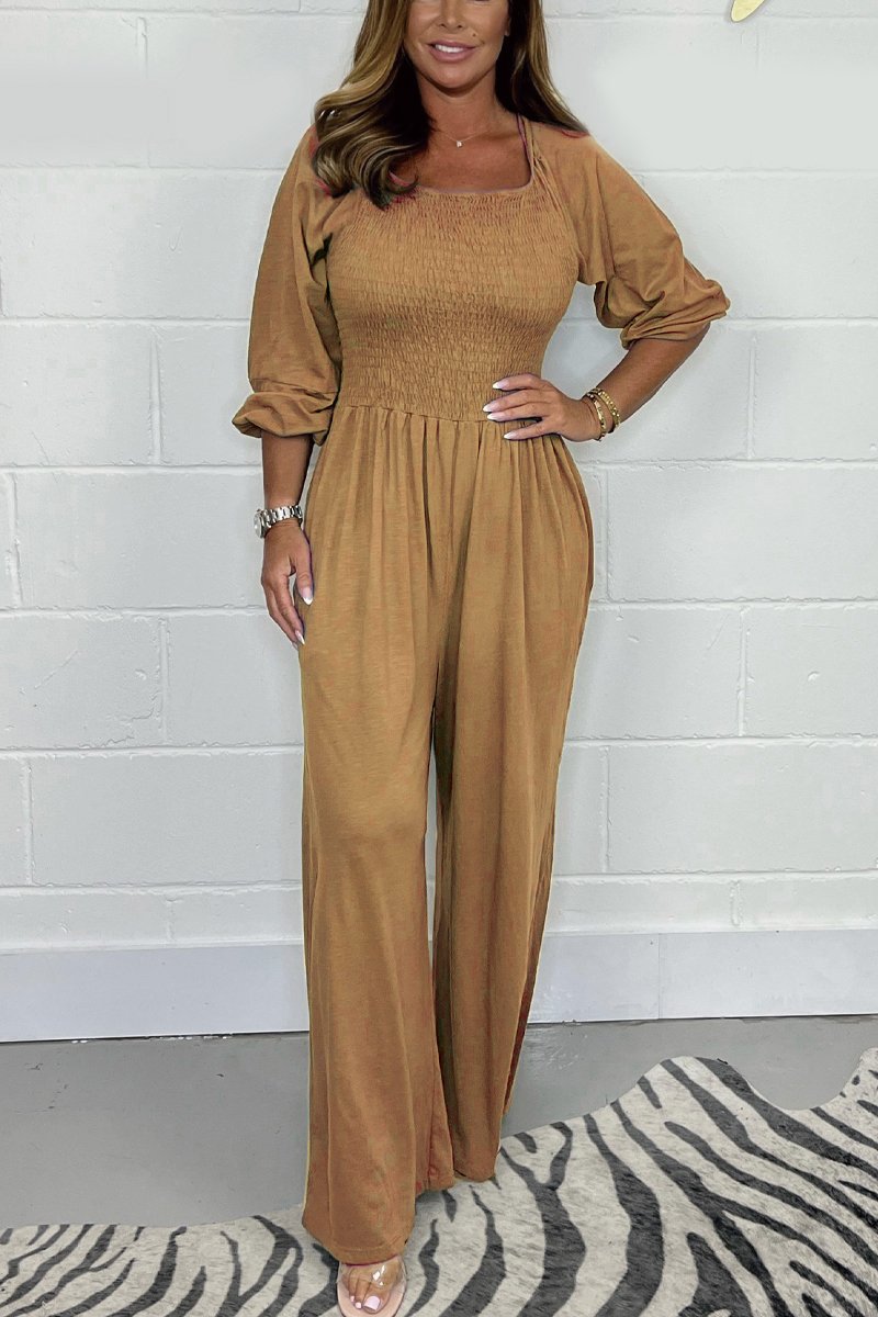 Women's jumpsuit – smocked bodice – cotton blend – wide legs – 3/4 sleeve – square neckline