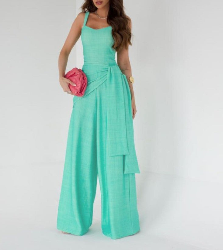 Women's Jumpsuit – Wide Leg – Sleeveless – Adjustable Waist – Linen Blend – Full Length