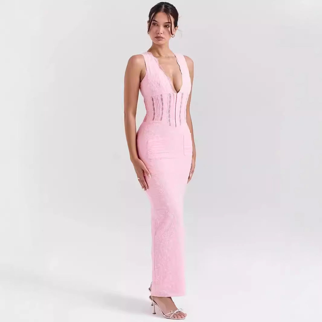 Dress woman – lace – tailored fit – deep neckline – full length elegance