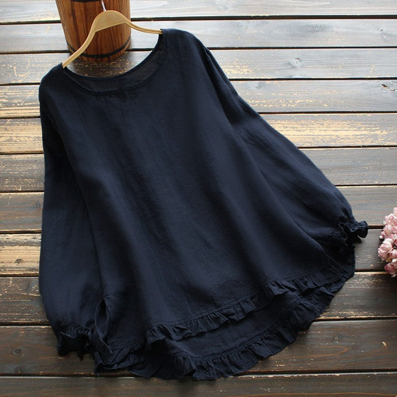 Women's Blouse – Loose Fit – Linen and Cotton – Ruffle Details – Long Sleeves