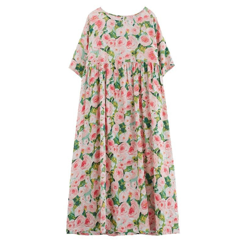 Kjole dame – Lang maxikjole – Blomsterprint – Løs passform – 3/4 ermer – Pustende stoff