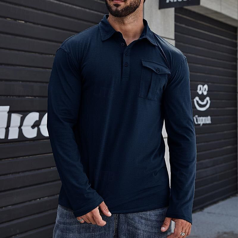 Men's Henley Pique Shirt – Long Sleeve – Modern Collar – Chest Pocket – Regular Fit