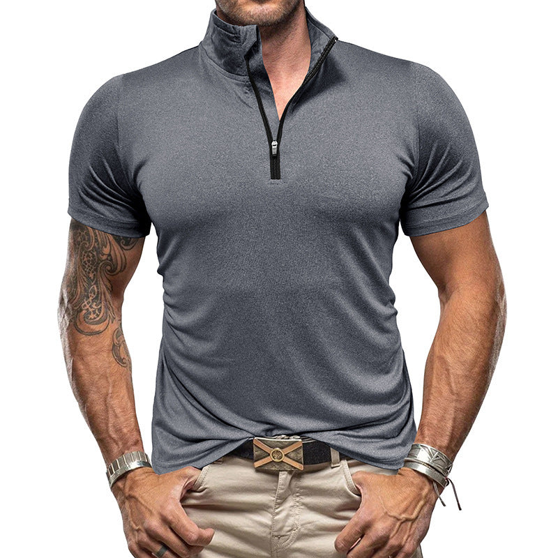 Men's Shirt – Slim Fit – Short Sleeve – Breathable – Stand Collar with Zipper