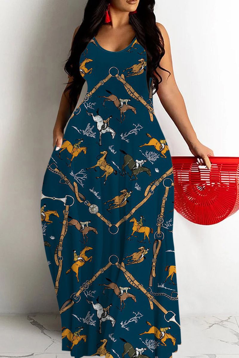 Women's Maxi Dress – Deep V-neck – Spaghetti Straps – Loose Fit – Abstract Pattern