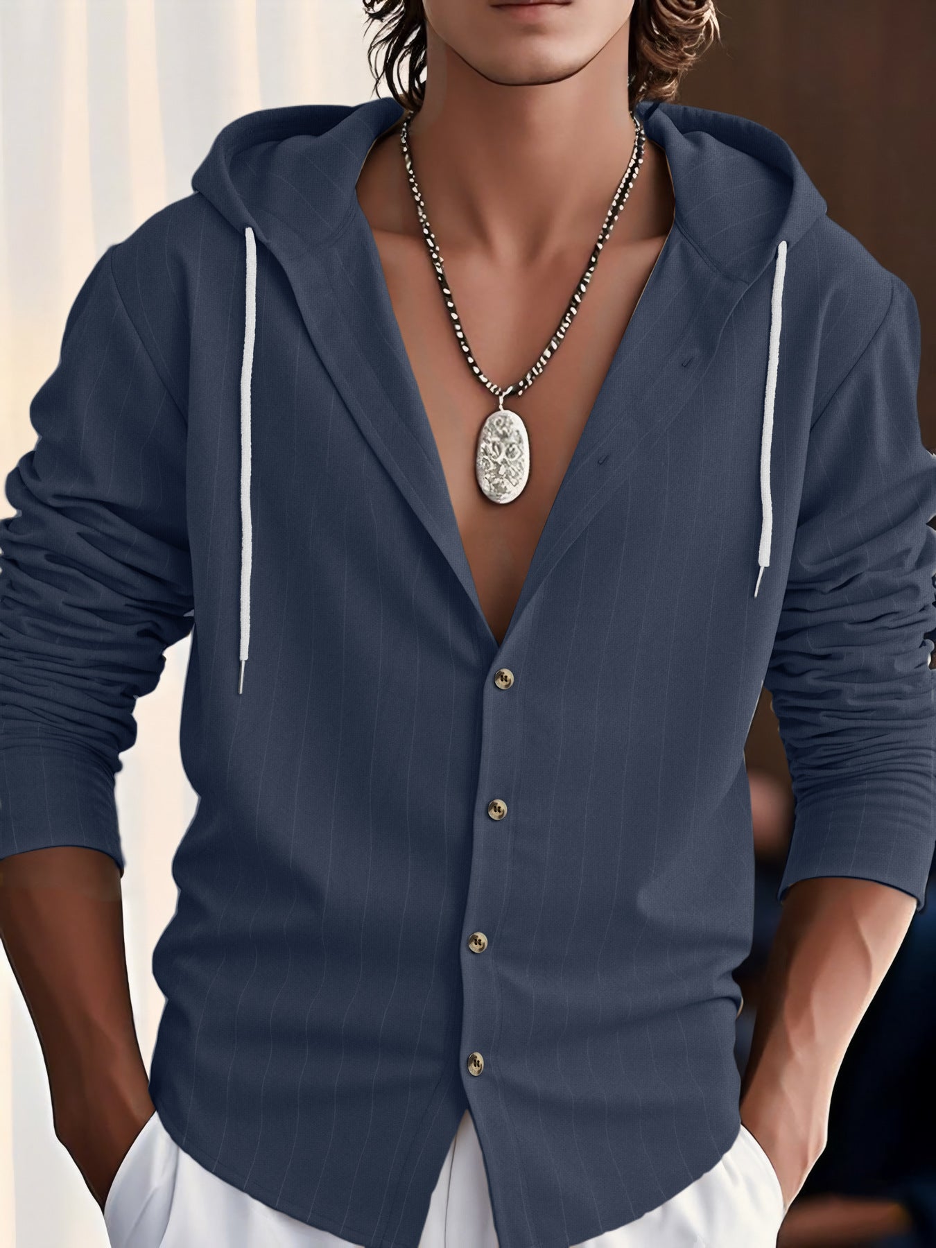 Men's Hoodie – Cotton Blend – Relaxed Fit – Button Closure – Textured Fabric