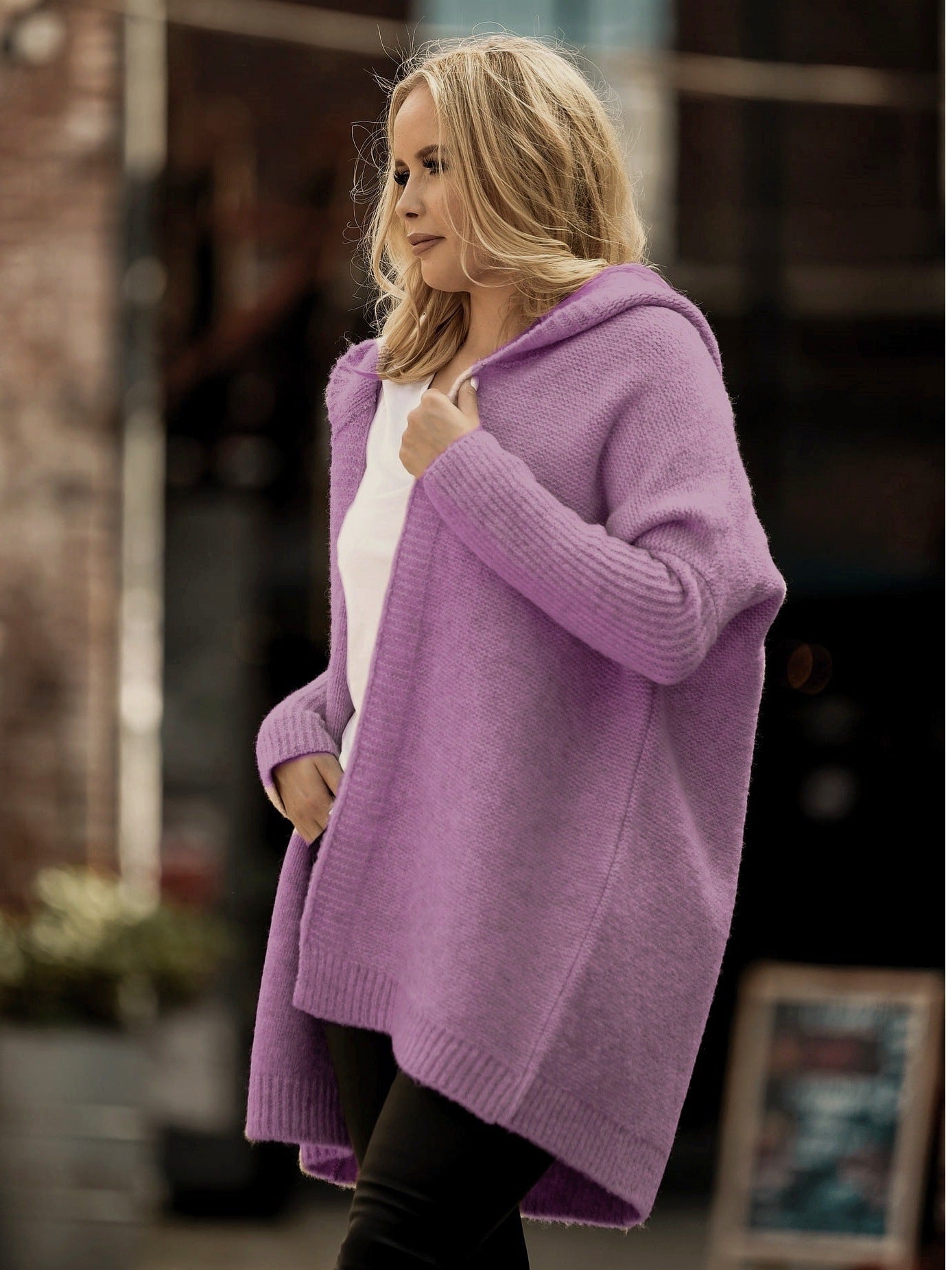 Women's Knitted Hoodie – Oversized Fit – Wide Sleeves – Open Front – Wool Blend