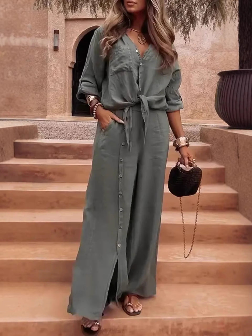 Women's Jumpsuit – Wide Fit – Linen and Cotton – Asymmetric Button – High Waist