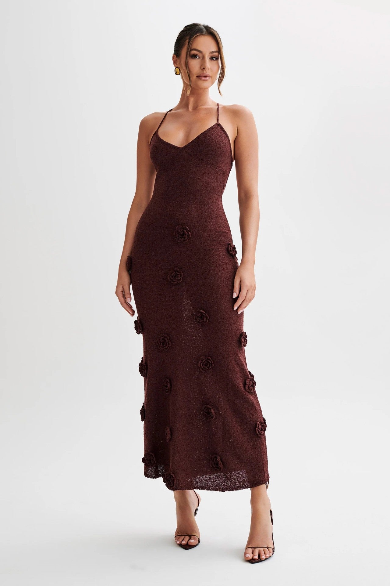 Dress for Women – Slim Fit – Knitted Fabric – 3D Flowers – Open Back with Ties