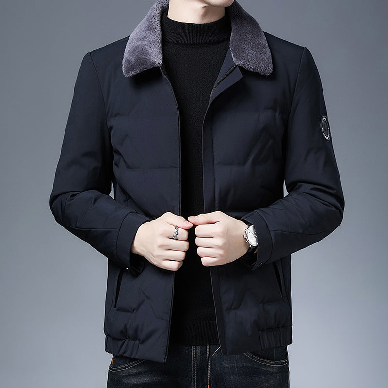 Men's Down Jacket – Slim Fit – Short Length – Removable Fur Collar – Insulating Fabric