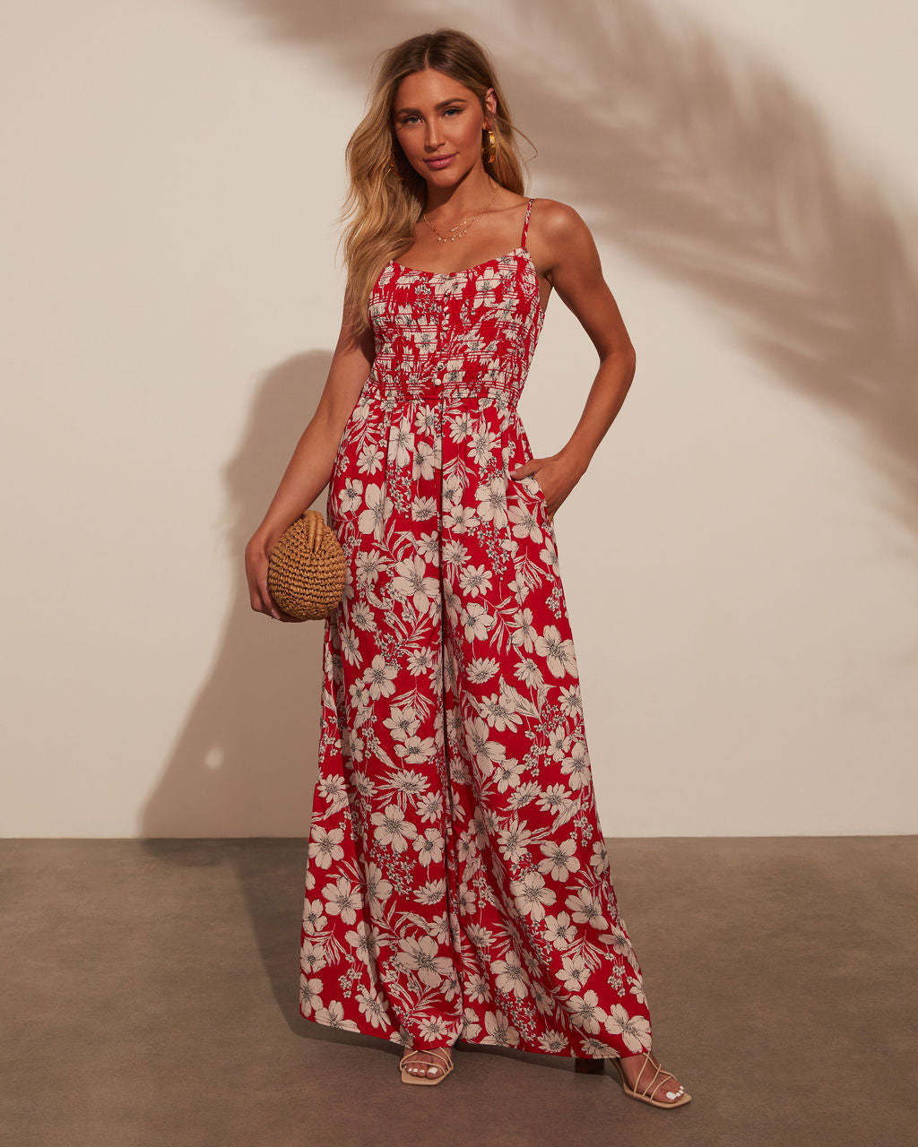 Dame Jumpsuit – Blomsterprint – Vid Ben – Smock Liv – Spagettistropper – Komfort Fit