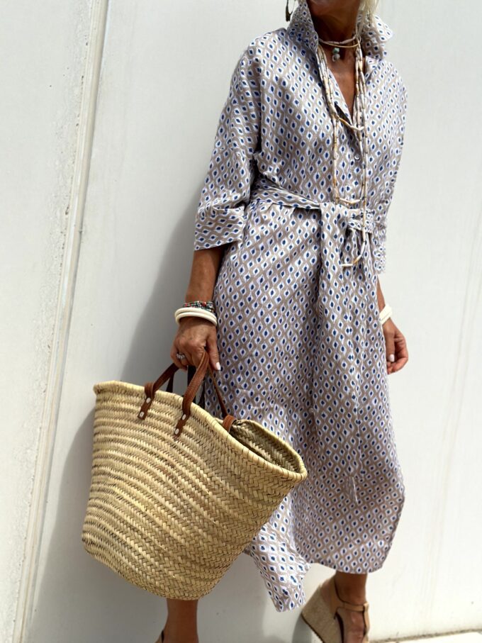 Women's Shirt Dress – Relaxed Fit – Geometric Pattern – Knee-Length – Button Front