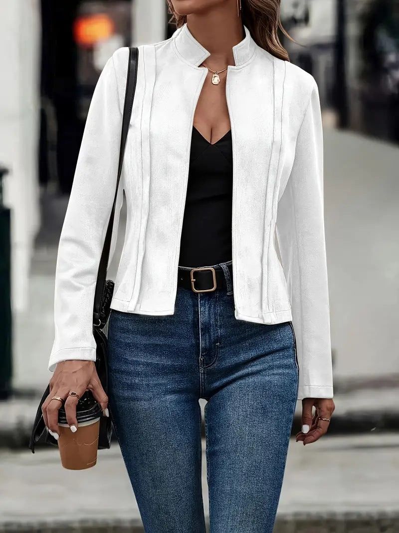 Women's Short Jacket – Slim Fit – Wool Blend – Stand Collar – Open Front
