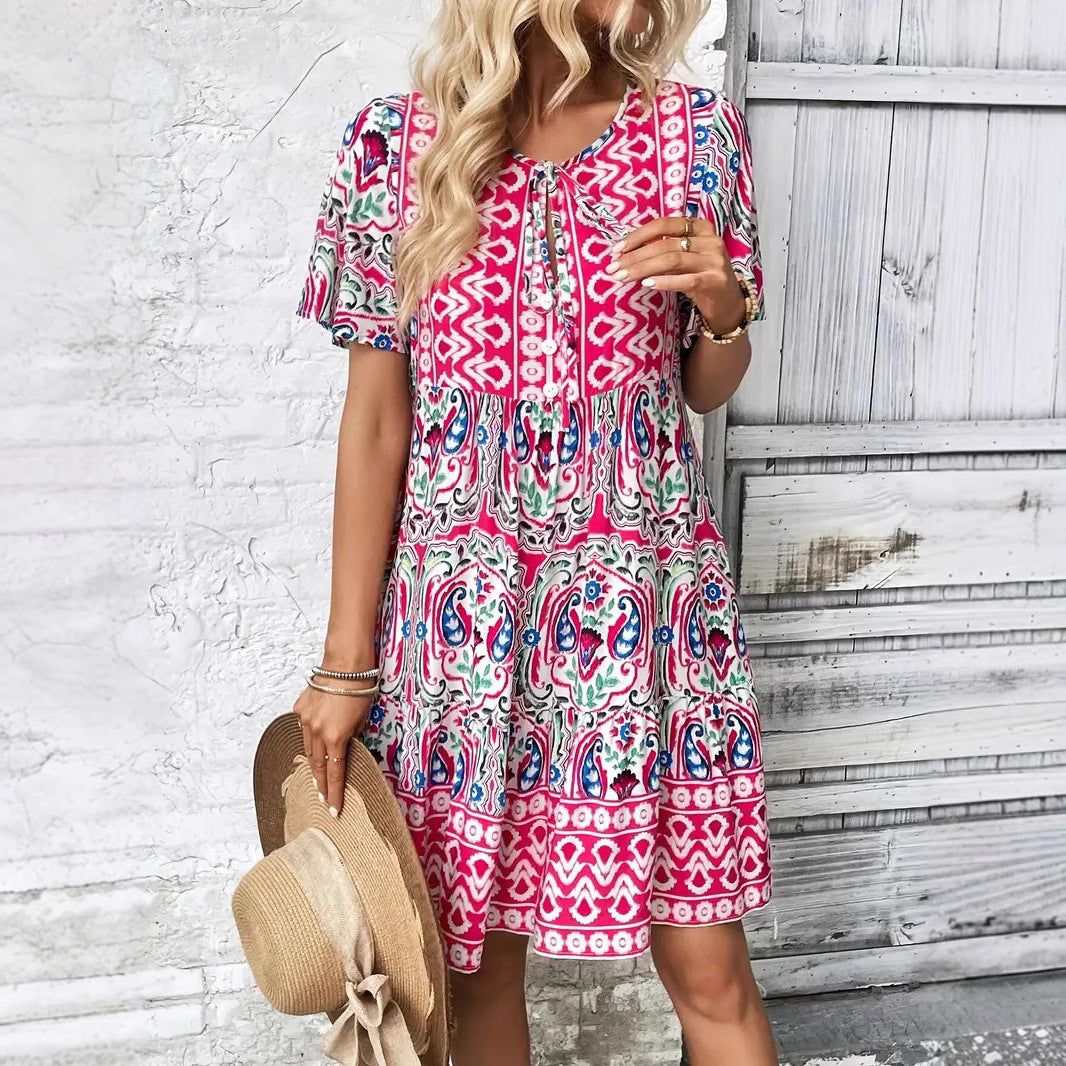Dress for Women – V-Neck – Loose Fit – Short Sleeve – Printed Cotton Pattern