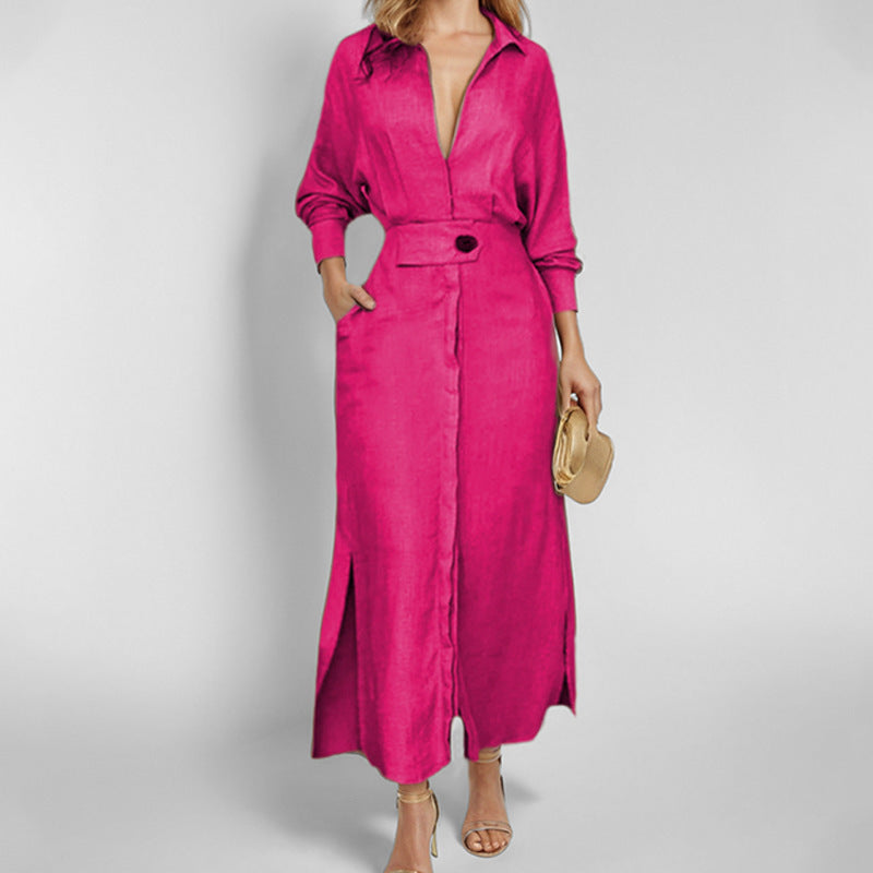 Dress for Women – Shirt Model – Linen – V-Neck – Waist Belt – Long Sleeves – Midi Length