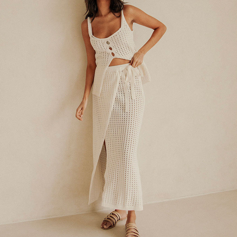 Women's Beach Set – Knitted Crop Top – Maxi Skirt with Slit and Tying