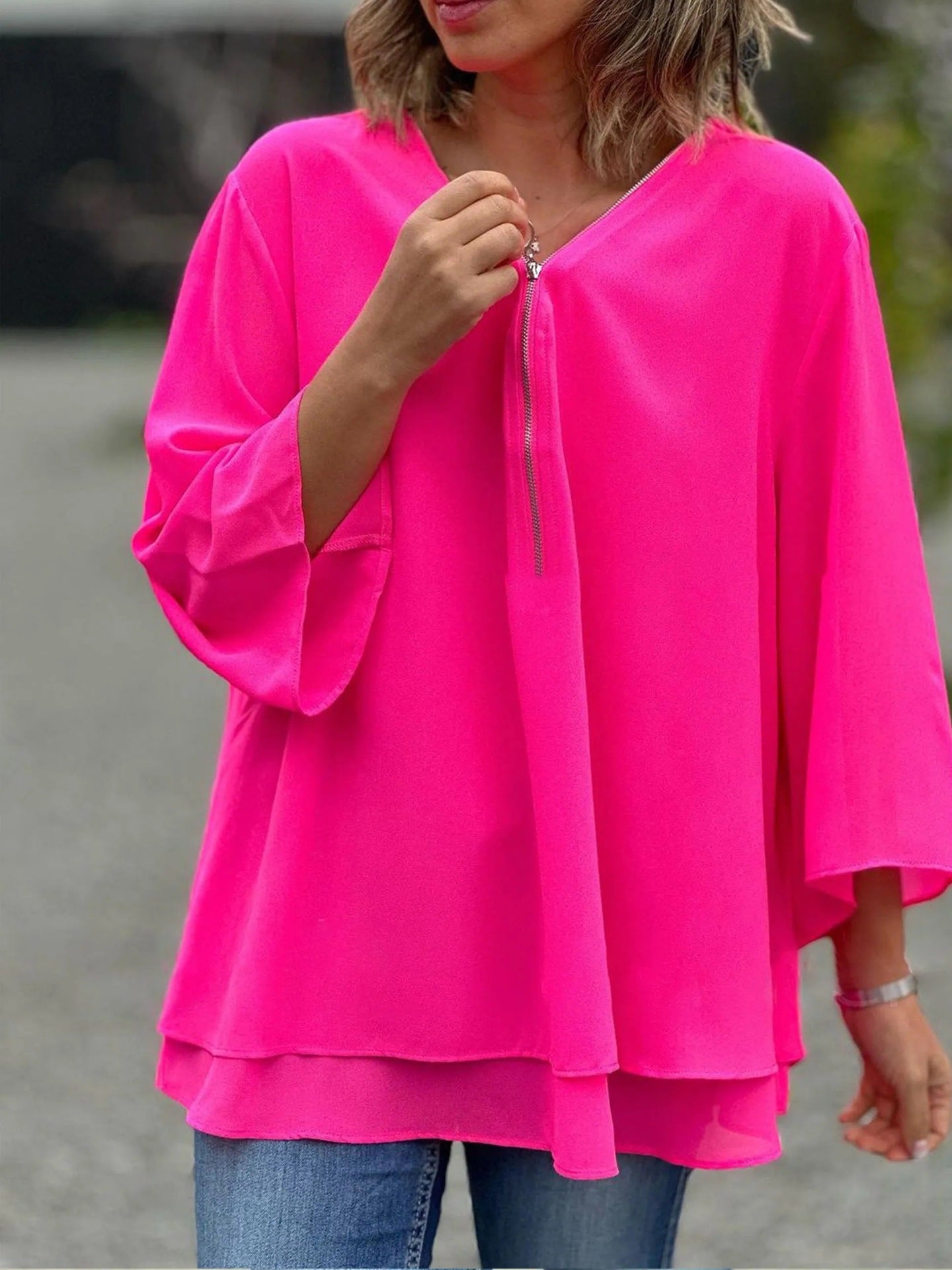 Women's Blouse – Chiffon – Loose Fit – V-neck with Zipper – 3/4 Sleeves – Layered Hem
