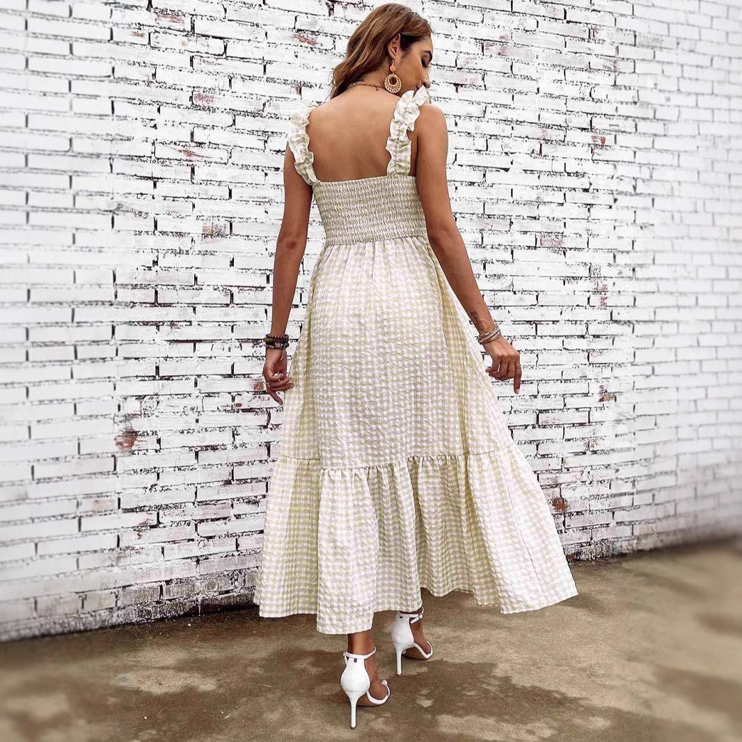 Women's Maxi Dress – Smocked Bodice – Spaghetti Straps – Ruffled Skirt – Checkered Pattern