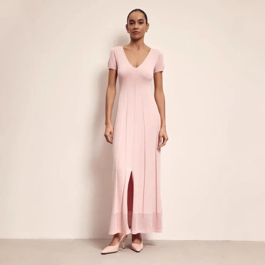 Dress woman maxi – Slim fit – V-neck – Short sleeves – Pleating and slit