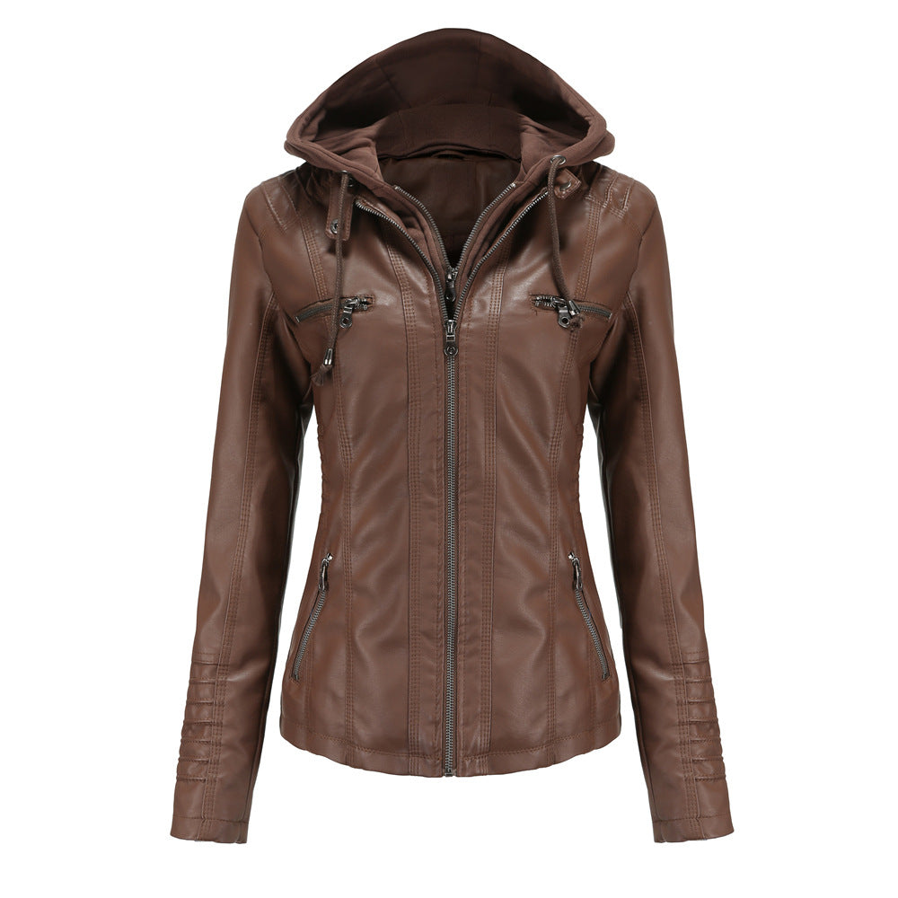 Women's Jacket with Hood – Slim Fit – Faux Leather – Detachable Hood – Zipper Pockets