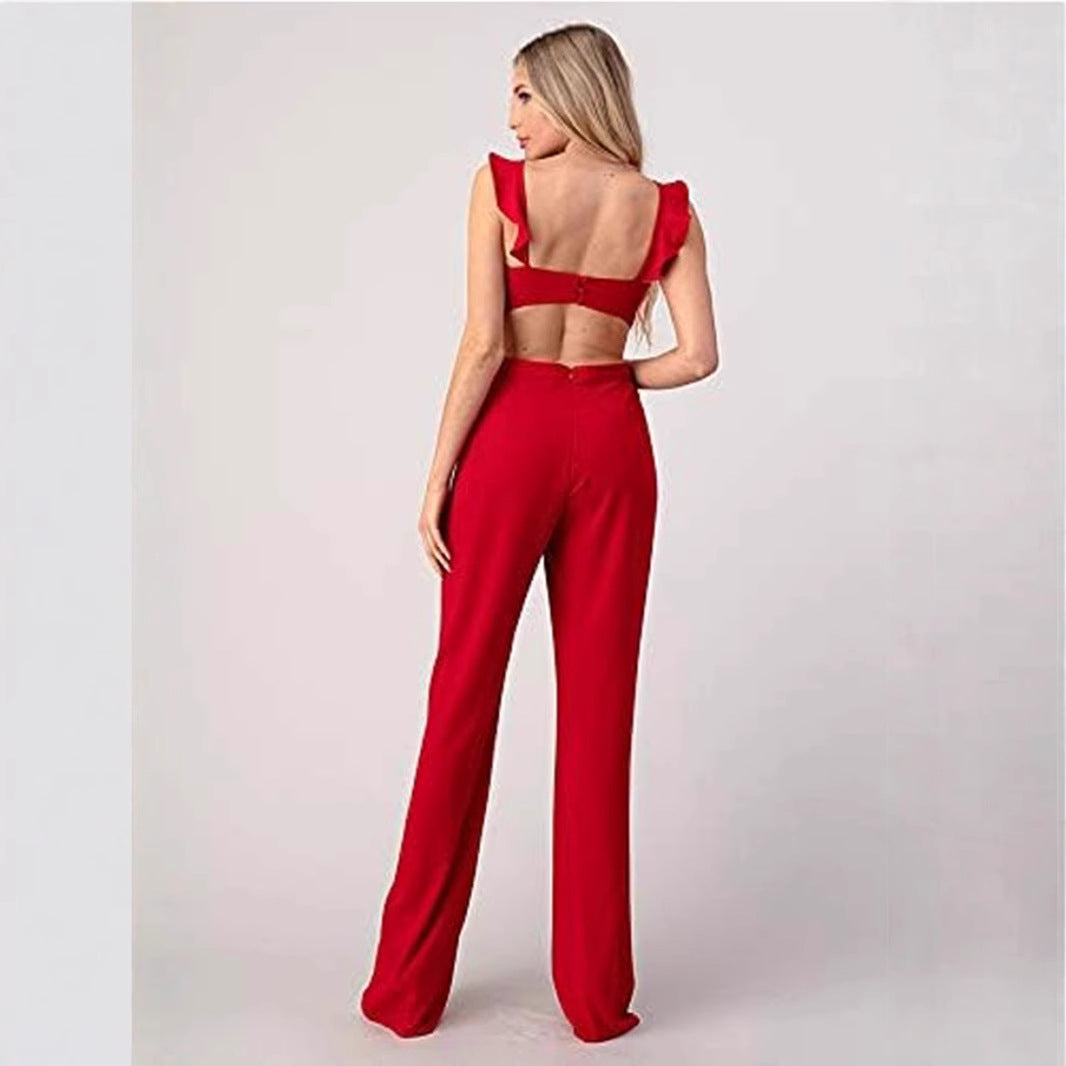 Women's jumpsuit – high waist – wide legs – sleeveless – ruffle details – cut-out waist