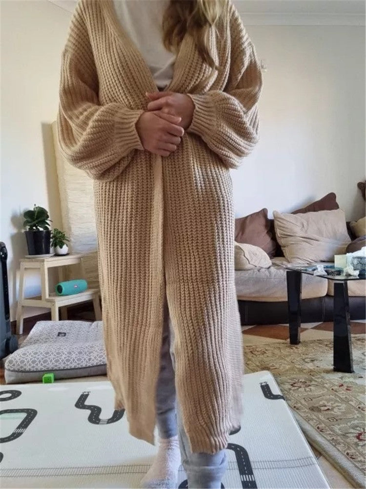 Women's Cardigan – Oversized Fit – Wool Knit – Open Front – Long Model – Textured Design