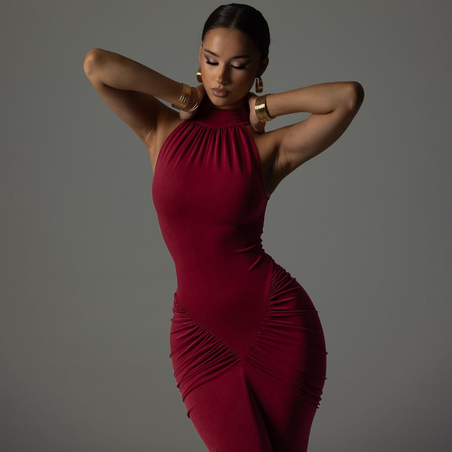 Dress for Women – Tight Fit – High Neck – Sleeveless – Ruched Midi Length
