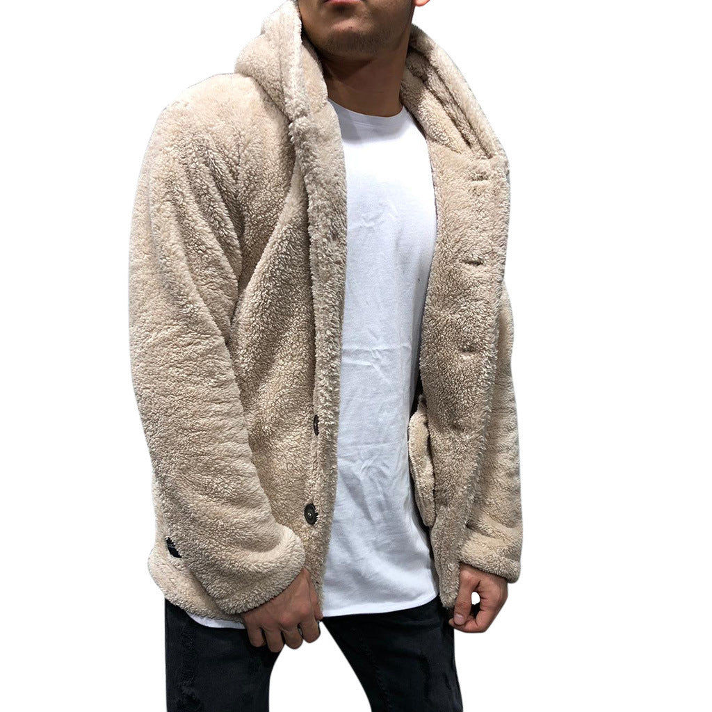Men's Jacket with Hood – Plush Fleece – Relaxed Fit – Button Front