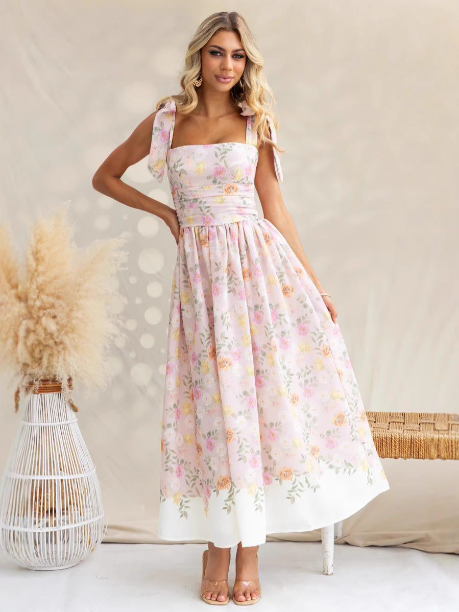 Dress woman – Slim fit – A-line cut – Floral print – Bow straps