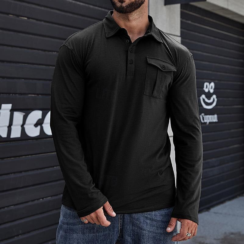 Men's Henley Pique Shirt – Long Sleeve – Modern Collar – Chest Pocket – Regular Fit