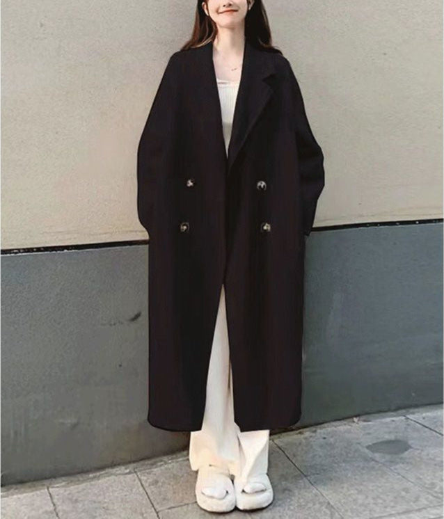 Women's Coat – Long Wool Blend – Classic Cut – Wide Lapels – Elegant Details