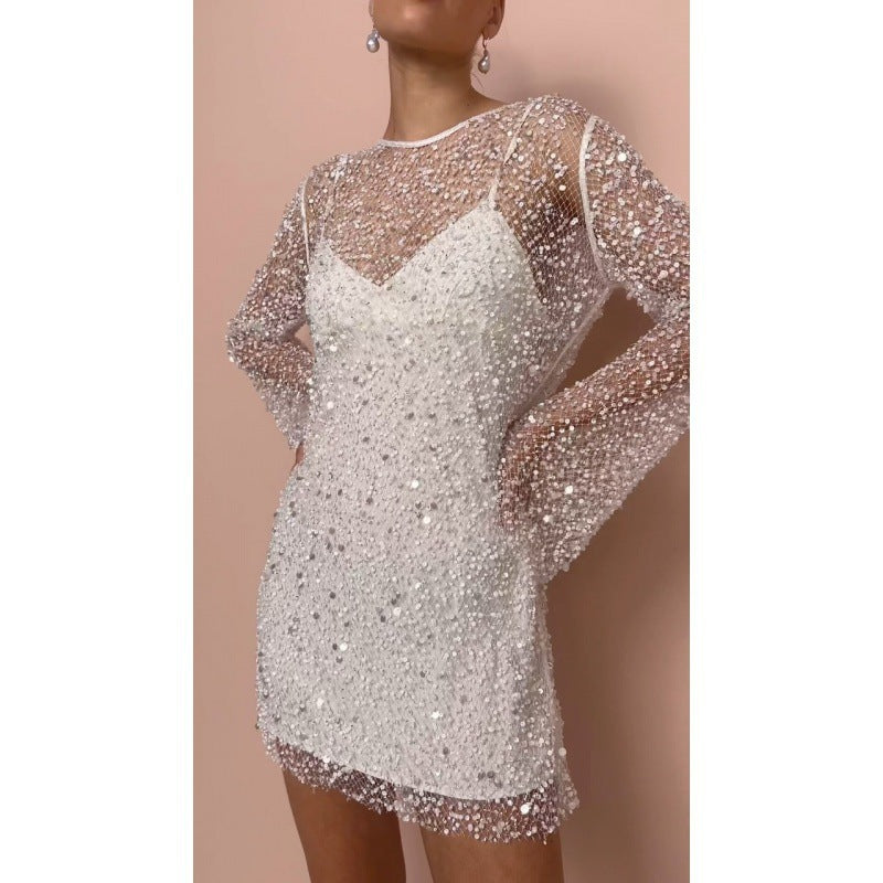 Dress woman – sequin embellished – tight fit – transparent long sleeves