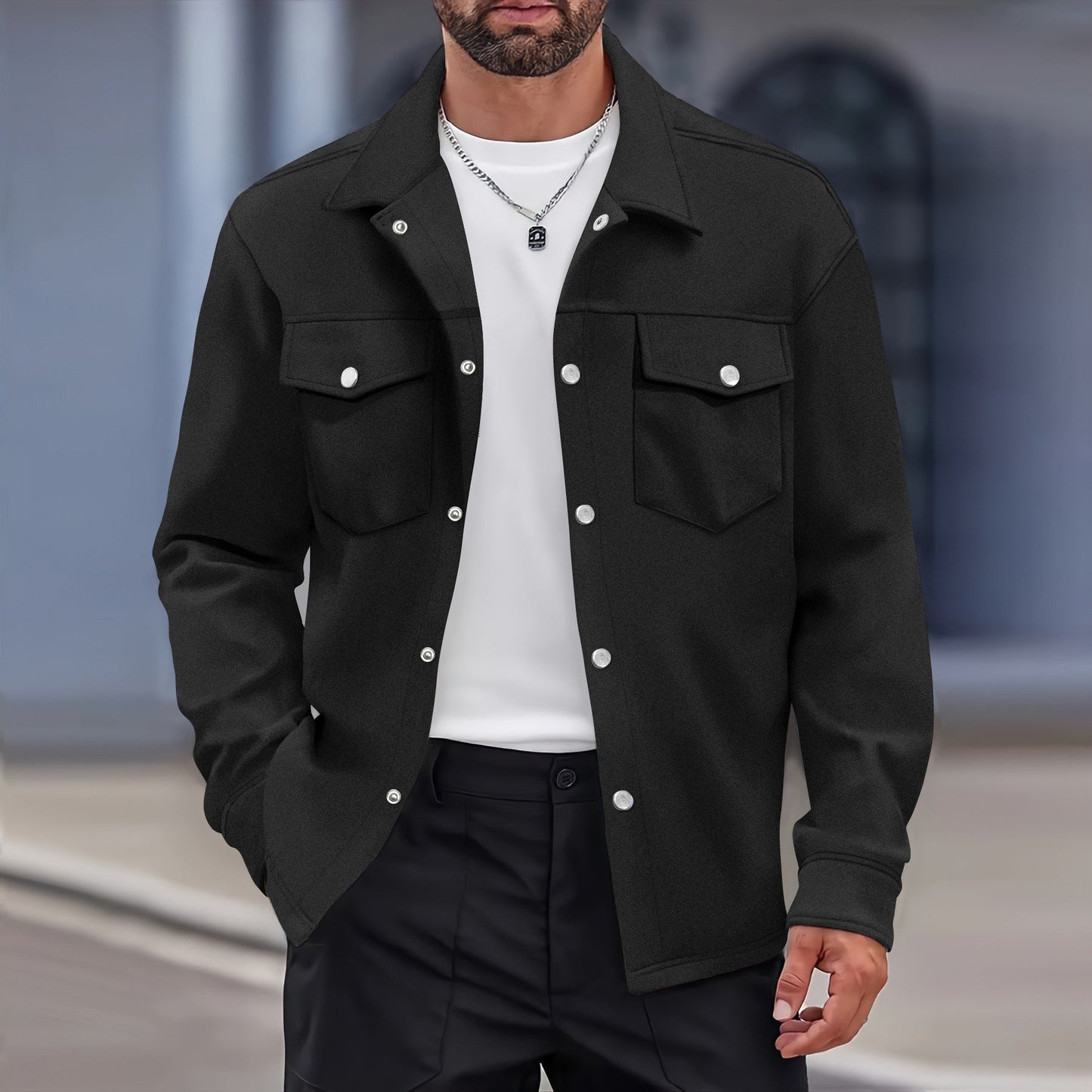 Men's Jacket – Modern Fit – Wool Feel – Button Front – Chest Pockets