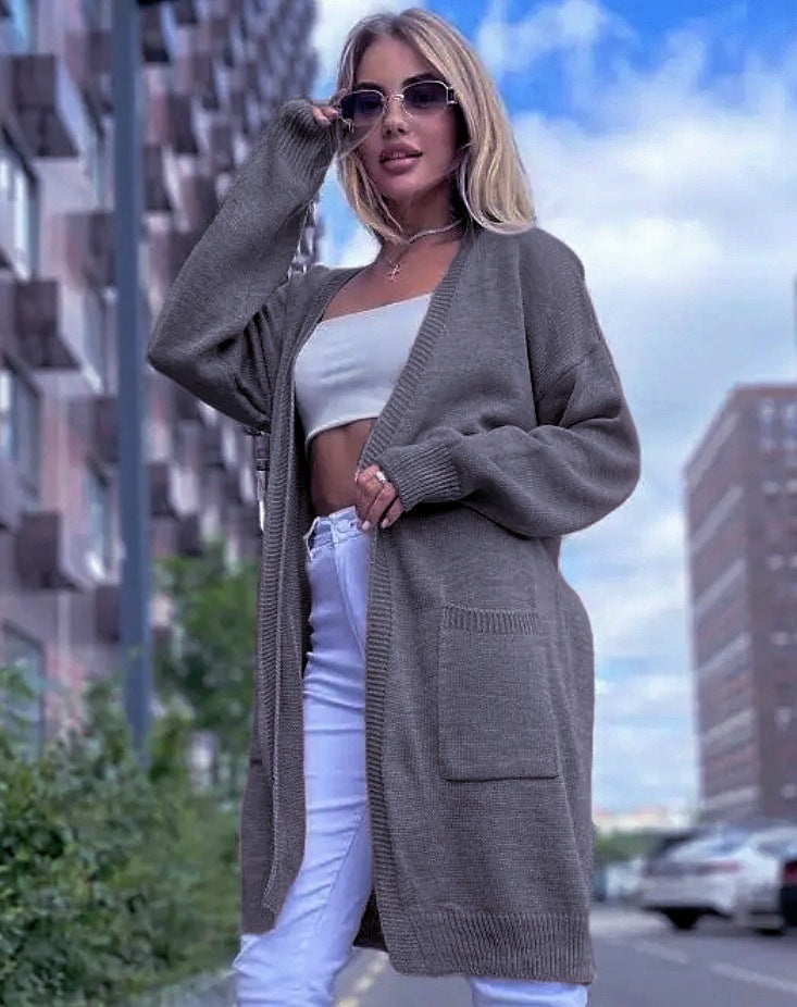 Women's Cardigan Knitted – Loose Fit – Open Front – Pockets – Long Model